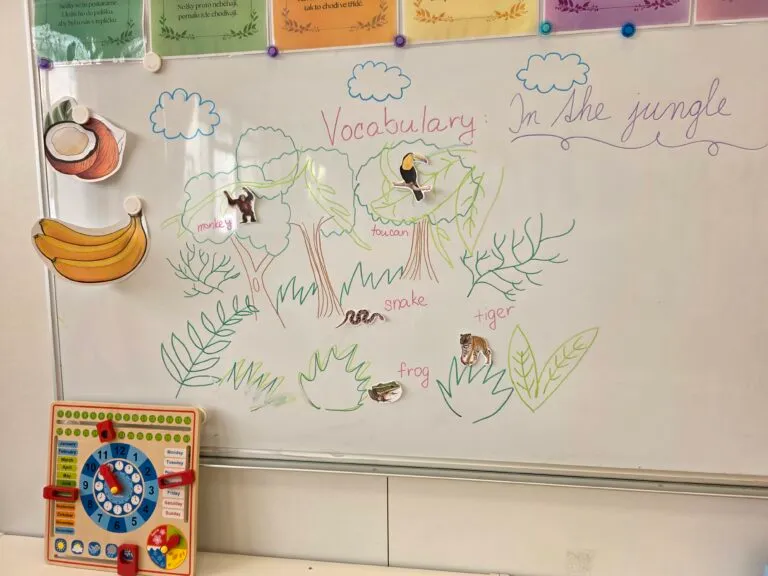 A whiteboard with English vocabulary on the theme “In the jungle”
